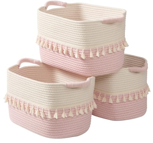 TeoKJ Aufbewahrungskorb, 3 Set Korb geflochten mit Henkeln, vielseitiger Korb Aufbewahrung für Wäsche, Decken & Spielzeug, dekorativer Basket für Wohnzimmer, Schlafzimmer, Bad & Kinderzimmer Weiß+Rosa