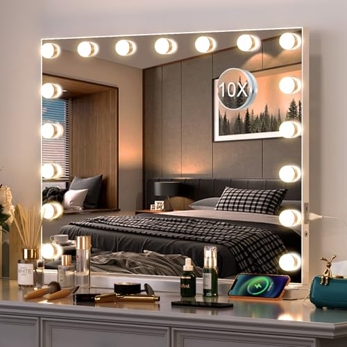 Guanglai Hollywood Large Makeup Vanity Mirror with Lights, Light Up Mirror with Dimmable LED Bulbs & USB Ports, Tabletop Mirrors for Bedroom Dressing Room (70 x 50cm)