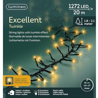 Lumineo EXCELLENT TWINKLE Lichterkette 1.272 LED 20 m klassisch warm – mit 8 Lichtfunktionen & Timer 8 h, IP44 wetterfest, 25 m Gesamtlänge mit 5 m Zuleitung, LED Weihnachtsbeleuchtung Innen & Außen