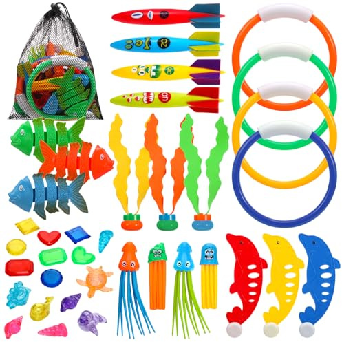 GSrenyu Diving Toys Swimming Pool, 38 Pieces Fun Swimming Pool Toy Set with Diving Rings, Torpedo, Seagrass, Marine gem Training Dive Game Toys for Kids Children