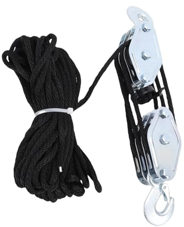 Fockety Block- und Tackle-Flaschenzugsystem, Hochleistungs-Flaschenzug und Tackle, Seilzug-Flaschenzugsystem für Garage, Dachboden, Schwere (3 Räder, 15 Meter, schwarzes Nylonrad, 441 Pfund Hakenform)