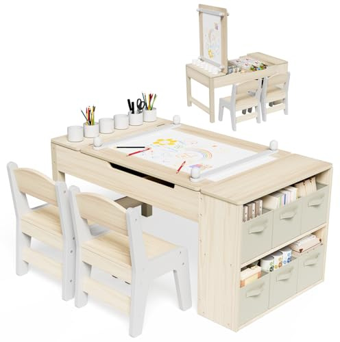 MAMIZO Kindertisch mit 2 Stühlen, Spieltisch mit Stauraum, Gelb | Kindertisch Holz, Kindersitzgruppe mit Wendbarer Tischplatte, Mal und Basteltisch für Kinder ab 3 Jahre