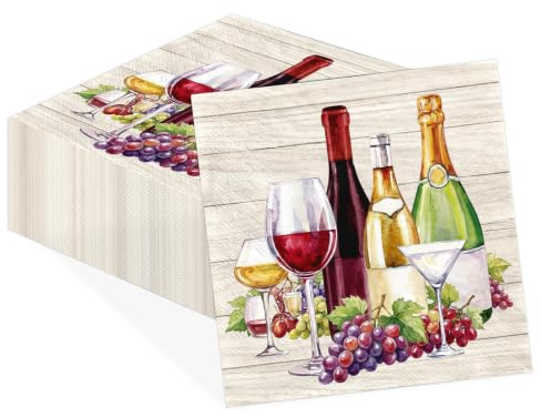 50 Pcs Wine Tasting Cocktail Napkins 5 x 5 inch 3Ply Red Wine and Grapes Paper Napkins Disposable Absorbent Drinks Theme Beverage Napkin for Grapes Vineyard Party Summer Bar