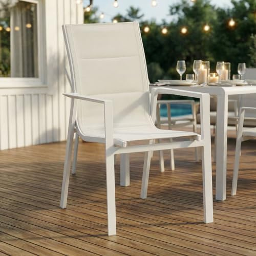 IDIMEX Gartenstühle Trapani 6er Set, Weiß - stapelbar aus Metall, mit Armlehnen, Hochlehner, modernes Design, pflegeleicht, sanft gepolstert mit wetterfestem Textilene Bezug