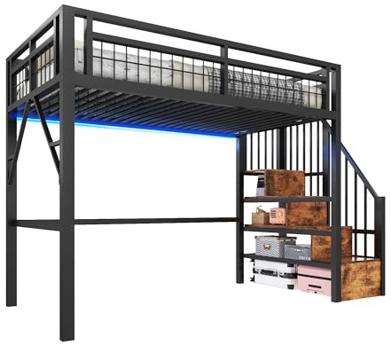SOFTWEARY Hochbett mit RGB LED-Streifen, Lattenrost, Treppe, Regal, Rausfallschutz, Kinderbett, Metallbett, Jugendbett (schwarz, 90x200 cm)