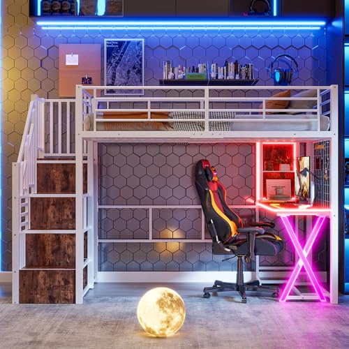 Letto a soppalco 1 posti 90 x 200 con LED, letto per bambini in metallo con scrivania e mensola, letto a soppalco per bambini con console per computer e scala, per bambini e adolescenti, senza