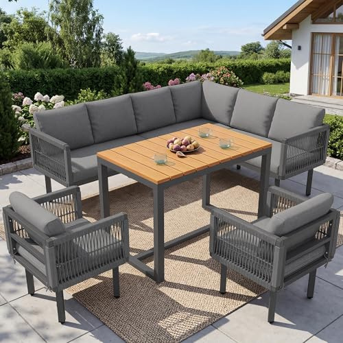 Huayz Gartenmöbel Set für 7-8 Personen, Modernes Gartensofa mit Esstisch,Hoher Komfort Durch Dicke Polster,Wetterfest und Stabil, Geflochtenes Seildesign, Ideal für Terrasse, Balkon und Garten