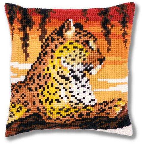VERVACO Kreuzstich Stickpackungen Kissen Stickerei Set Anfänger Vorgedruckt Leopard DIY Set Kreativ Set Für Erwachsene Dekoratives Kissen ca. 40 x 40 cm Bastelset Handwerker Haus Dekoration