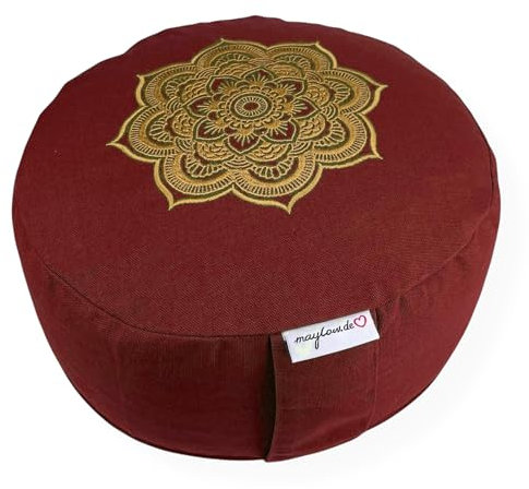 Meditationskissen Yogakissen Celine Madeleine Stickerei Bezug waschbar, Innenkissen mit Bio-Dinkelspelzen 33 x 15 cm Anfänger und Geübte in grau, olive, natur oder buddhistisch rot (buddhistisch rot)