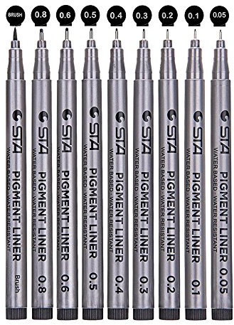 byou Fineliner Stifte Set,Pigment Liner Set 9 Stück Assorted Nib Größen Wasserdicht Schwarz Micro Pens mit Pinsel für Office-Dokumente Artist Zeichnen Künstler Illustration