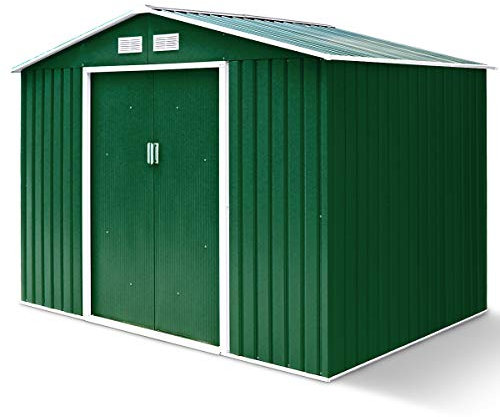 GOPLUS 4.39 m³ Cobertizo de Jardín Estanco con Puertas y Ventana, Fabricado en Metal Galvanizado,Almacenamiento para Bicicleta, Herramientas de Jardinería, 213 x 127 x 185 cm