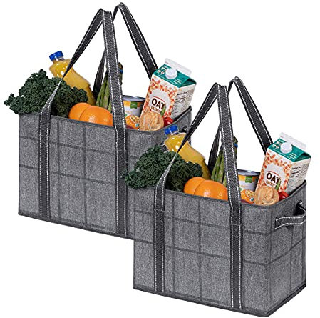 VENO 2 Pack Reusable Grocery Bags, Shopping Bags for groceries, Extra Large Utility Tote with Handles and Hard Bottom, Foldable Cart Organizer, Multi-Purpose, Heavy-Duty (Windowpane, 2 Pack)