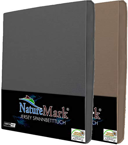 NatureMark 2er Pack Jersey Spannbettlaken, Spannbetttuch 100% Baumwolle in vielen Größen und Farben MARKENQUALITÄT ÖKOTEX Standard 100 | 90 x 200 cm - 100 x 200 cm - anthrazit/Sand