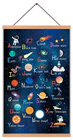 KAIRNE Kinderzimmer Junge Wanddeko,Babyzimmer Alphabet ABC Poster,Rakete Planet Astronaut Wandbilder,Weltraum Kinderposter für Klassenzimmer Schlafzimmer Spielzimmer Home Decor 28X45cm Hängende Rahmen