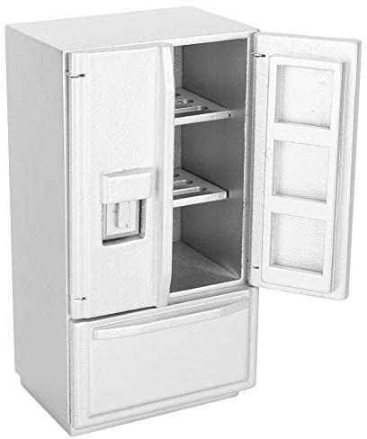 Zerodis 1: 12 Double Deck Refrigerator, Mini Birch Wooden Mini Fridge Refrigerator Dollhouse Kitchen Furniture for Doll House Decoration(Silver)