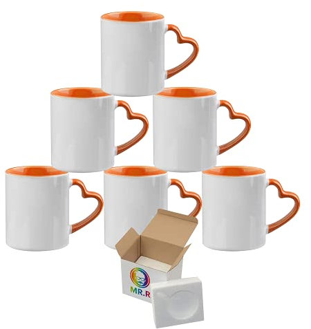 MR.R - Tazza in ceramica bianca per sublimazione, con manico a forma di cuore, da 325,31 ml, colore interno: Arancione, confezione da 6