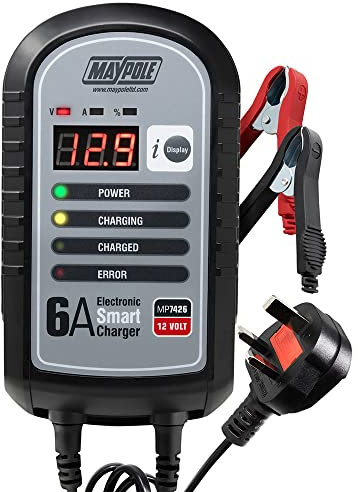 Maypole 6A 12V Electronic Smart Car Battery Charger Fully Automatic 9 Stage Charging Cycle Lead Acid AGM Gel Vehicle Batteries