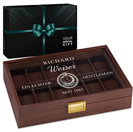 Maverton Uhrenbox mit Gravur für 12 Uhren - Uhrenkasten aus Holz - 31x21x7,5cm - Magnetverschluss - für Herren - zum Geburtstag - zu Weihnachten - Farbe: Weinrot - Eleganz