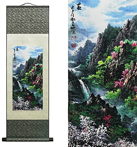 Rollbild Seide Asiatische Wanddekoration Seidenmalerei Vier Jahreszeiten Frühling Sommer Herbst Winter Landschaft Gemälde Chinesische Kunstwandrolle Hängende Bildrolle Orientalisches Dekor(Frühling)