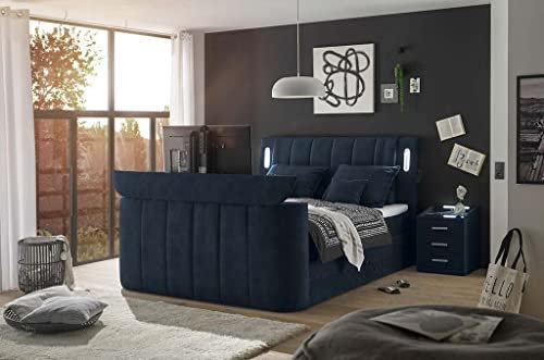 Froschkönig24 Dallas Boxspringbett Bett 180x200 cm, inkl. Bettkasten & motorisierter TV-Halterung Blau, Ausführung:Variante 2