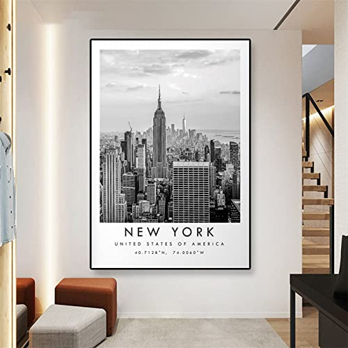 TANYANG Minimalistische New York Reise Print Poster New York City Schwarz Weiß Druck Einzigartige Wandkunst Leinwandmalerei Koordinaten Wohnkultur 50X70Cm Kein Rahmen