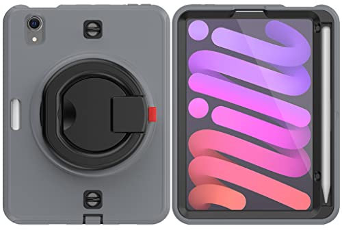 Custodia portatile per tablet compatibile con iPad Mini di 6 generazione per custodia in TPU da 8,3 pollici con supporto girevole a 360° e slot per penna, nero+grigio