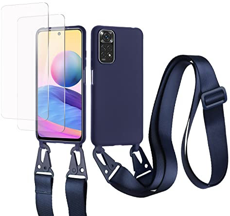 vrupin Coque Compatible avec Redmi Note 11 4G+[2 pcs Protecteur d'écran],Étui en Silicone Liquide, avec Sangle réglable, Collier et Cordon de Serrage—Bleu Marin