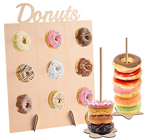 Aohcae 3 Stück Donut ständer, 9 Löcher Donut Stand+2 Stück Donut Tower Donut Wall Holz für Hochzeit, Geburtstagsfeier, Süßigkeitenwagen, Party