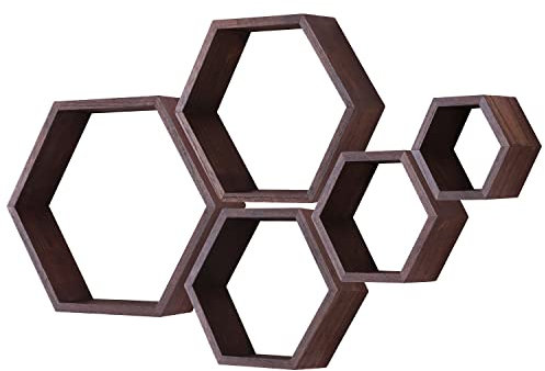 PHOENANCEE Hexagon Wandregal, Wohnzimmer Deko Wand, Holz Hängeregal für Schlafzimmer, 5er-Set(Dunkle Walnuss)