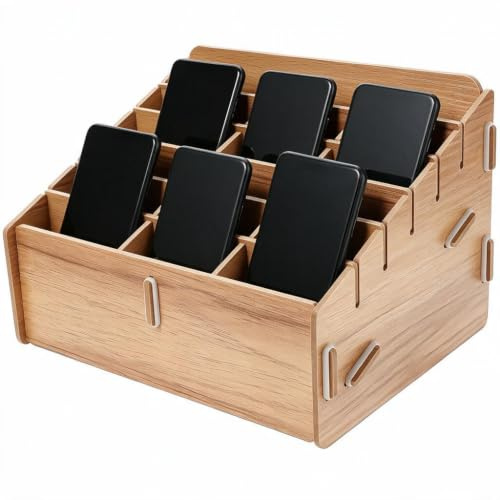 NUOBESTY Wooden Phone Storage Box 12 Compartment Mobile Phone Organiser | Wooden Desk Organiser for MobilePhones, Cards, and Office Supplies. Ideal for Classrooms, Offices & Board Games