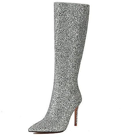Omeslike Stivali da donna con paillettes glitterate stivali alti al ginocchio scintillanti a punta alta stivali donna sexy ragazza halloween natale cosplay stivali lunghi, argento., 43 EU