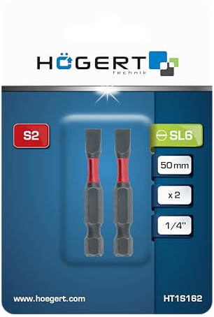 HÖGERT TECHNIK SL 6 Schlagfeste Schraubbits 50 mm – 2er Set – Flachbits aus S2-Stahl – 1/4 Sechskant – hohe Belastbarkeit – für Schlagschrauber & Akkuschrauber