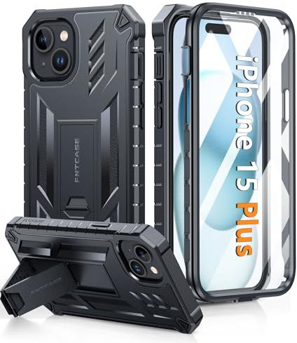 FNTCASE for iPhone 15 Plus Case: Phone Case with Built-in Screen Protector Full Body Heavy Duty Protective Cover with Kickstand for iPhone 15 Plus Case Shockproof 6.7 inch-Black