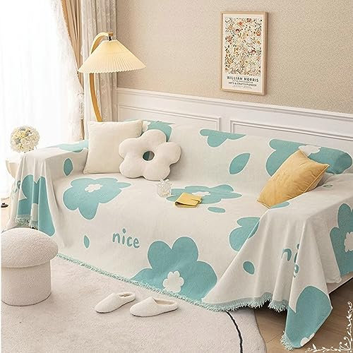 Mesnt Sofabezug 4 Sitzer Big Sofa, Hellblau Couchschutz für Haustiere mit Blumen und Buchstaben Nice gedruckt aus Chenille, 180x420CM