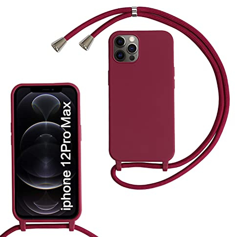 Beajew Funda para iPhone 12 Pro MAX con Cuerda, Silicona Líquida Carcasa con Cordón Correa Colgante Ajustable Collar Correa Teléfono Case Cover, Rojo