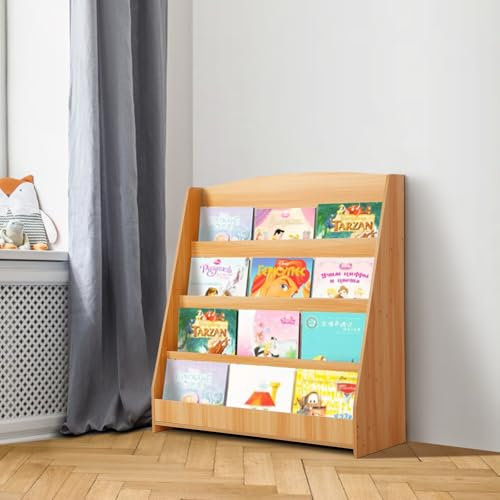 Nisorpa Childrens Wooden Bookcase Kids Bookshelf Classroom Book Display Stand 4 Tier Book Case for Kids Wooden Book Shelf for Nursery Study Room Library