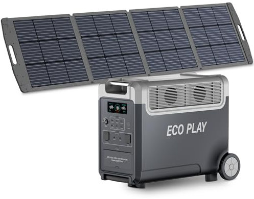 Eco Play 3600W Powerstation mit 200W Solarpanel,Solargenerator mit 3840Wh LiFePO4 Batterie, 2 Stunden Schnellladung, 3x230V AC Ausgang, Stromspeicher mit USV für Notstrom/Camping/Wohnmobile