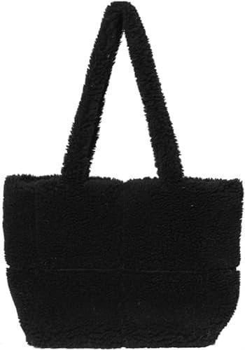 WlP Flauschige Tragetasche, Pelzige Handtasche For Damen, Kunstfell-Handtasche, Große Puffer-Tasche, Tragetasche, Plüsch-Umhängetasche, Tragetaschen, Niedliche Handtasche (Color : Black)