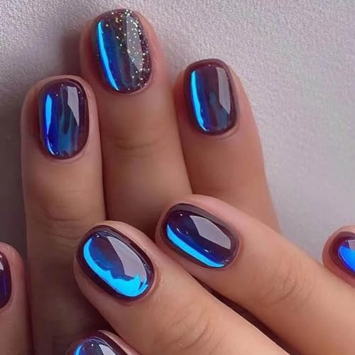 Danshinbow Lot de 24 faux ongles carrés courts avec strass dégradés rose nude à paillettes pour femmes et filles (bleu)
