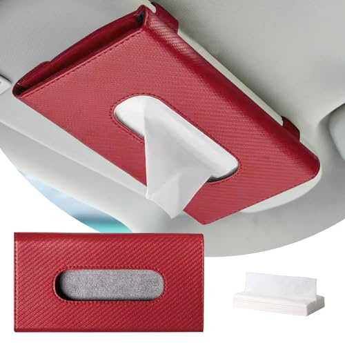 CHRYMUM Car Visor Tissue Holder, Vehicle Leather Tissue Holder, Sunshade Accessories Car Tissues Box, Sun Visor Napkin Pocket, Car Accessories Car Visor Tissue Bag for Cars (Red)