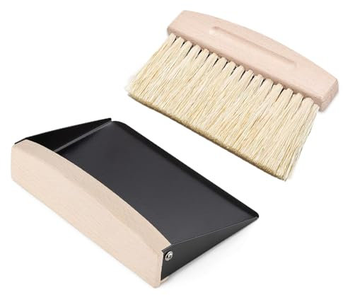Small Dustpan and Brush Set, Wooden Table Brush, Portable Mini Broom for Family Kitchen Cleaning - Tabletop, Countertop, Tables, Work Surfaces - Crumbs - 15.4 x 10.6 x 4 cm - Black
