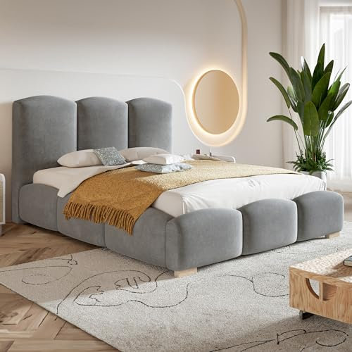 MOTIVENA Hilton Bubble Bett 180x200, Polsterbett 180x200, mit Bettkasten, mit Stauraum, mit Lattenrost, mit Kopfteil, ohne Matratze, Bett Samt, Grau Hellgrau