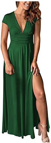 Mes Commandes,Robe Demoiselle D'Honneur Femme Robe De Soiree Femme Robe Ceremonie Femme Robe Longue Plissée à Manches Courtes Et Col En V Profond Couleur Unie Taille Haute Fendue(Vert,M)