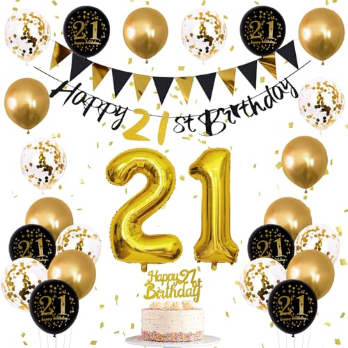 Jobkoo 21st Birthday Decorations for Him Her, Black Gold 21st Balloons Gold Black 21 Banner Cake Topper Number 21 Foil Balloon for Men 21 Year Old Birthday Party Decor