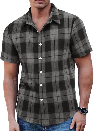 COOFANDY Men's Short Sleeve Shirt Casual Plaid Button Down Checked Cotton Summer Shirts Country Black Grey 5XL