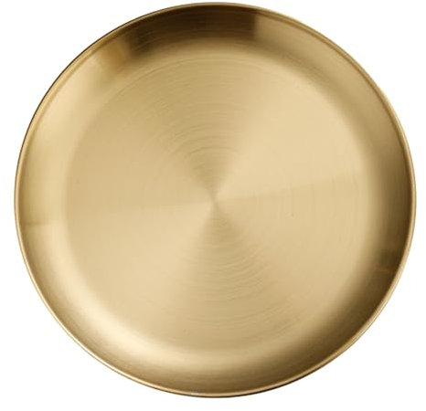 Aoveew Plato de acero inoxidable dorado, ideal para comedor en casa y entretenimiento, bandeja redonda de metal versátil (pequeña)