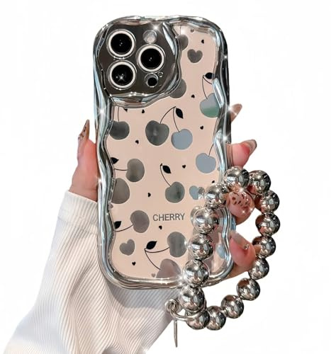Pretaco for iPhone 14 Pro Max Case, [Chrome Silver Full Cherry][Plated Creative Curved Edge Case][2-in-1 with Beaded Wrist Strap] Soft TPU Anti-Shock and Shock Resistant for Women & Girls