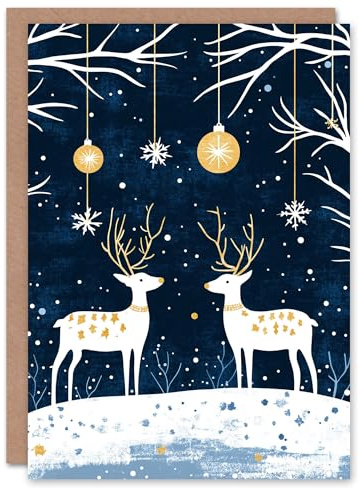 Wee Blue Coo Greeting Card Winter Forest Baubles Reindeer Gold Blue Nordic Blank For Him Or Her Art Xmas Christmas Card