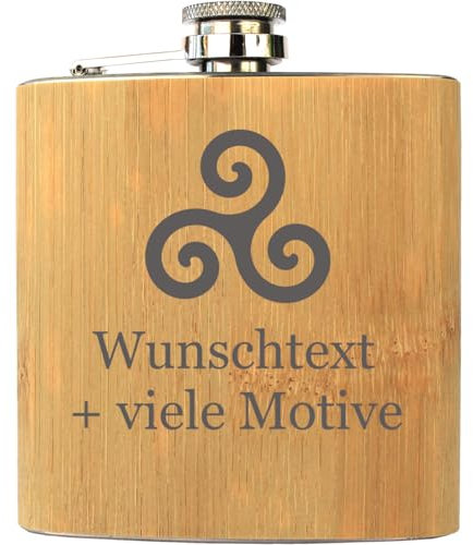 Wikinger Flachmann mit Gravur, personalisiert Name, Spruch + Motiv - Met Trinkhorn und Vikings Tasse Alternative, persönliches Geschenk für Männer und Frauen, Edelstahl + Bambus, 175 ml