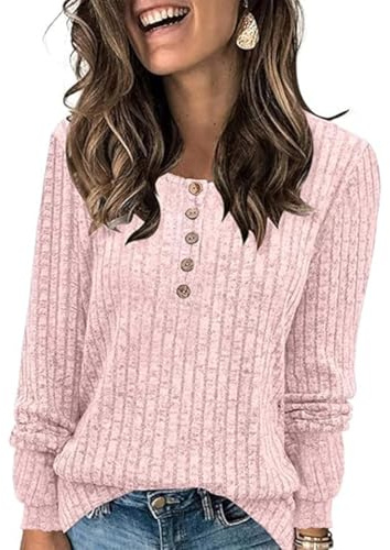 ABINGOO Femme Pulls Décontractés Léger Tunique à Manches Longues Sweatshirt Chic et Élégant Bouton Cou Couleur Unie Pullover Haut Tops(Rose,XXL)
